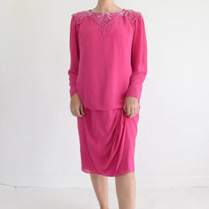 Vintage Ursula Fuchsia Pink Long Sleeve Midi Barbiecore Dress  14